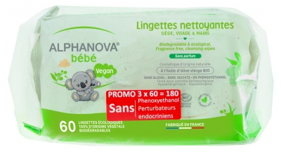 Alphanova Bébé Lingettes Nettoyantes Sans Parfum Lot de 3 x 60 Lingettes