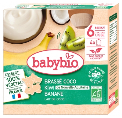 Babybio Brassé Végétal Coco Kiwi Banane 6 Mois et + Bio 4 Gourdes de 85 g