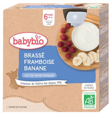 Babybio Brassé Framboise Banane 6 Mois et + Bio 4 Gourdes de 85 g
