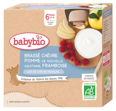 Babybio Brassé Chèvre Pomme de Nouvelle Aquitaine, Framboise 6 Mois et + Bio 4 Gourdes de 85 g