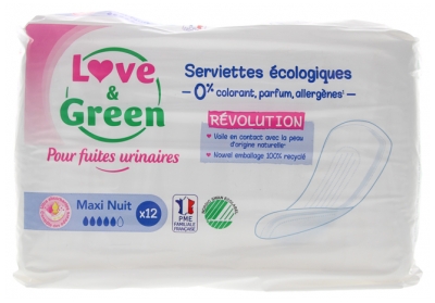 Love & Green pour Fuites Urinaires Serviettes Écologiques Maxi Nuit 12 Serviettes