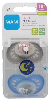 MAM Nuit 2 Sucettes Anatomiques Phosphorescentes Silicone 18 Mois +