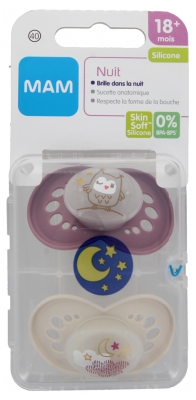 MAM Nuit 2 Sucettes Anatomiques Phosphorescentes Silicone 18 Mois +