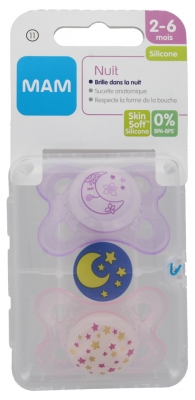 MAM Nuit 2 Sucettes Anatomiques Silicone 2-6 Mois