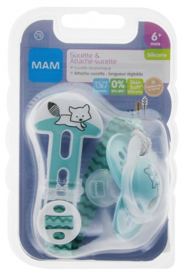 MAM Sucette Anatomique Silicone 6 Mois et + et Attache-Sucette