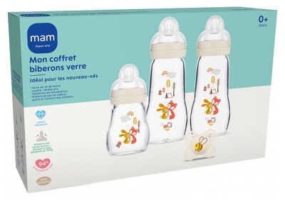 MAM 3 Biberons en Verre et 1 Sucette Mon Premier Coffret 0 Mois et +
