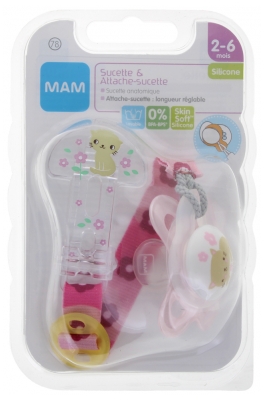 MAM Sucette Anatomique Silicone 2-6 Mois et Attache-Sucette