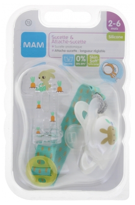 MAM Sucette Anatomique Silicone 2-6 Mois et Attache-Sucette