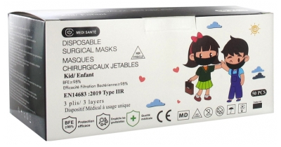 Médi-Santé Masque Chirurgical Jetable Enfant Type IIR EFB 98% Noir 50 Masques