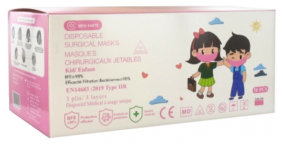 Médi-Santé Masque Chirurgical Jetable Enfant Type IIR EFB 98% Rose 50 Masques