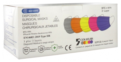 Médi-Santé Masque Chirurgical Jetable Type IIR EFB 98% 5 Couleurs 50 Masques