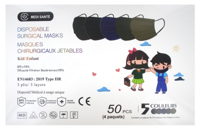 Médi-Santé Masque Chirurgical Jetable Enfant Type IIR EFB 98% 5 Couleurs Foncées 50 Masques