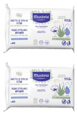 Mustela Lingettes de Coton Bio à l'Eau Lot de 2 x 60 Lingettes