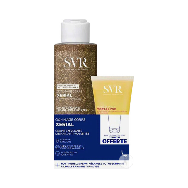Lot Xérial Gommage Corps 100g + Topialyse Huile Lavante 55ml Offerte SVR