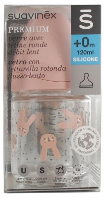 Suavinex Premium Biberon en Verre avec Tétine Ronde Débit Lent 120 ml 0 Mois et +