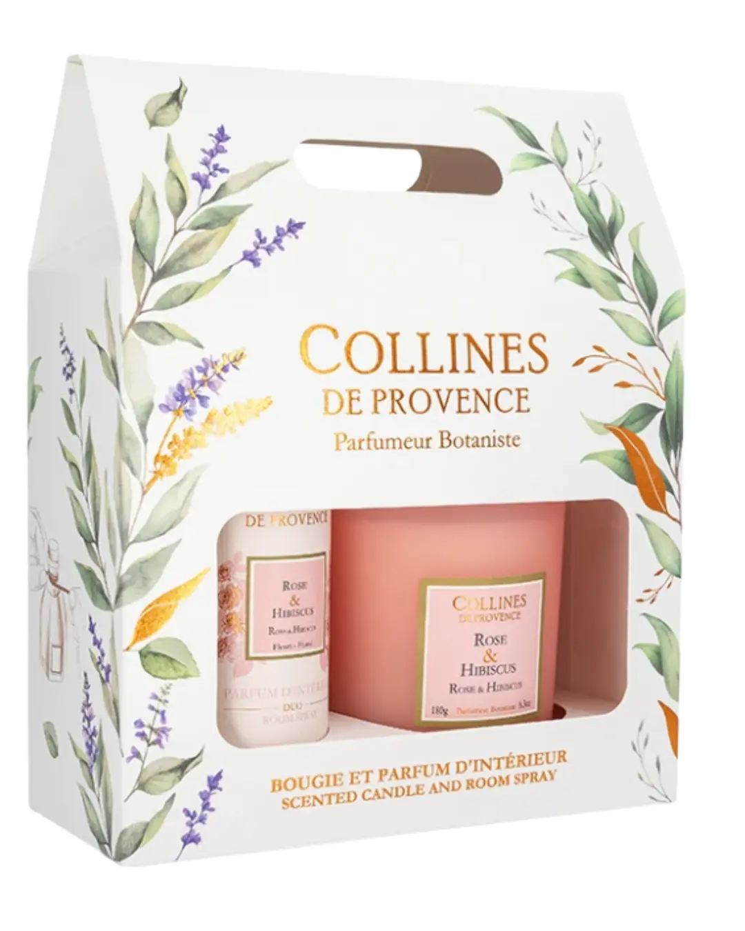 [NgRT011uyRT0006508] Coffret Bougie et Parfum d'Intérieur Rose & Hibiscus Collines de Provence