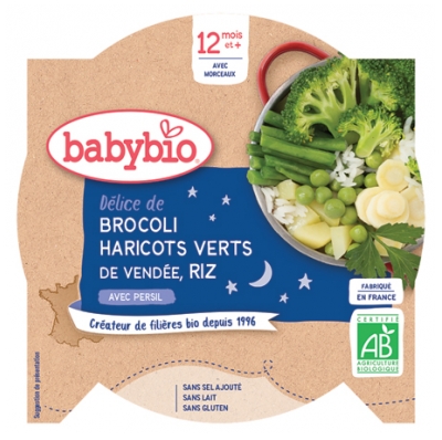 [844FgT8399272] Babybio Bonne Nuit Délice de Brocoli Haricots Verts Riz 12 Mois et + Bio 230 g