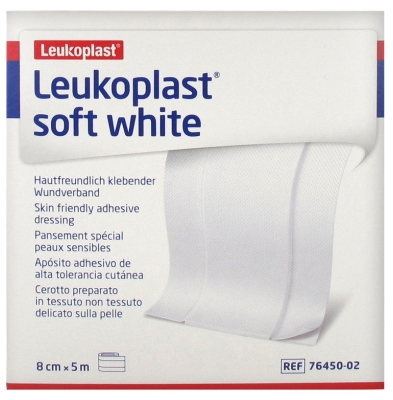 [844FgT8425746] Essity Leukoplast Soft White Pansement Spécial Peaux Sensibles 8 cm x 5 m